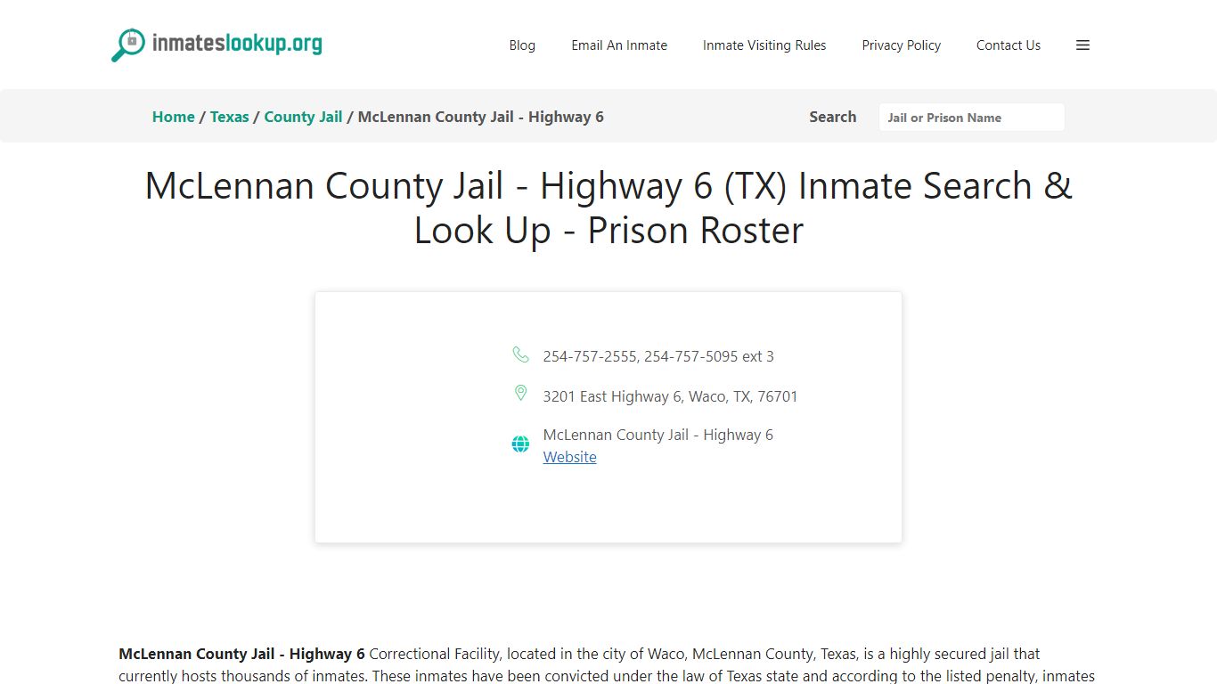 McLennan County Jail - Highway 6 (TX) Inmate Search & Look Up - Prison ...